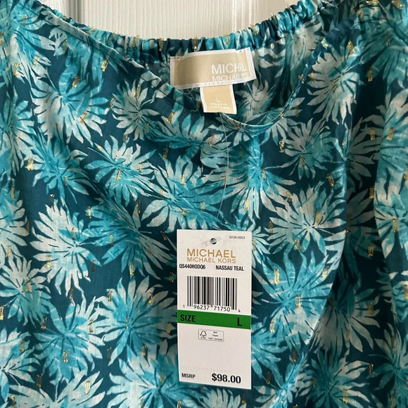 Michael Kors Nassau Teal and Gold Cotton Blouse NWT Size Large Boho - Picture 3 of 4
